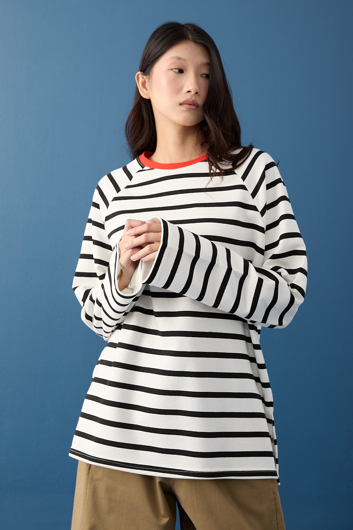 Reglan Kol Basic Çizgili Sweasthirt
