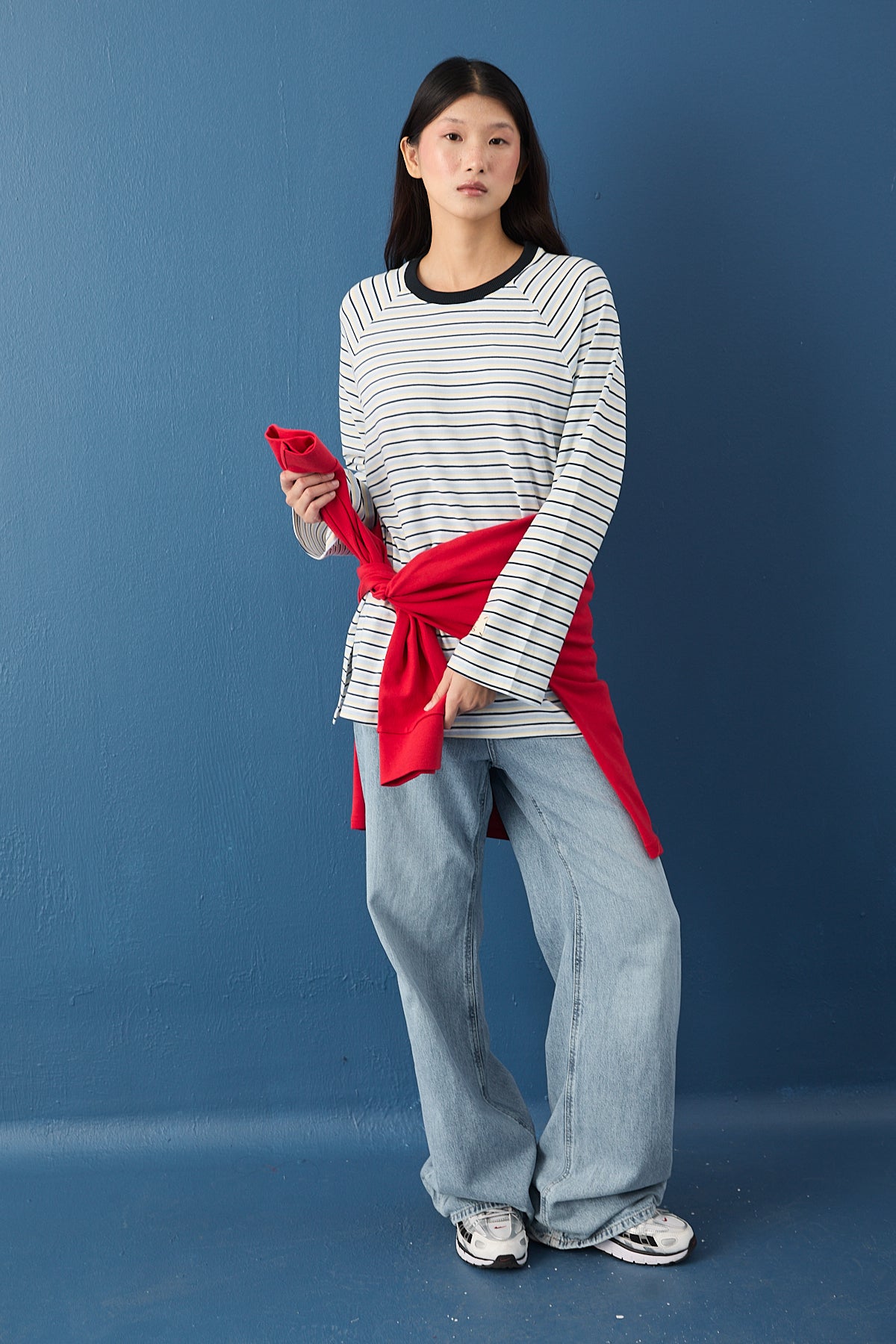 Reglan Kol Basic Çizgili Sweasthirt