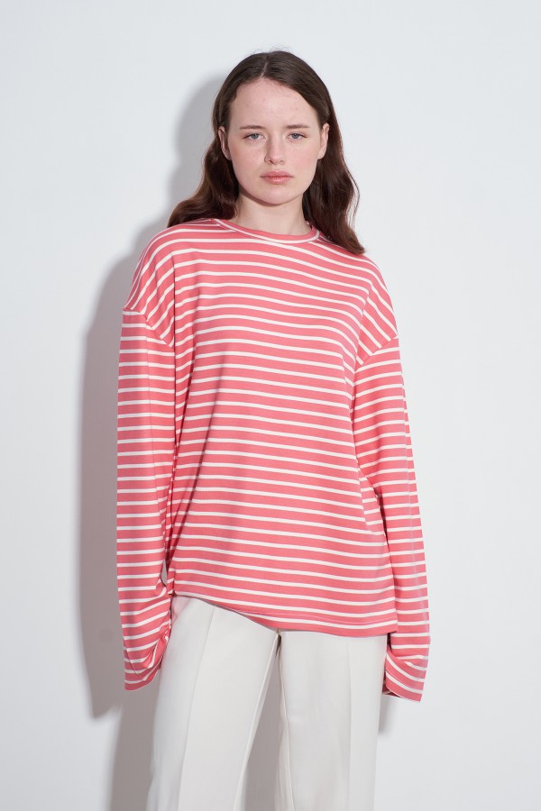 Çizgili Çizgili Basic Bluz Pembe