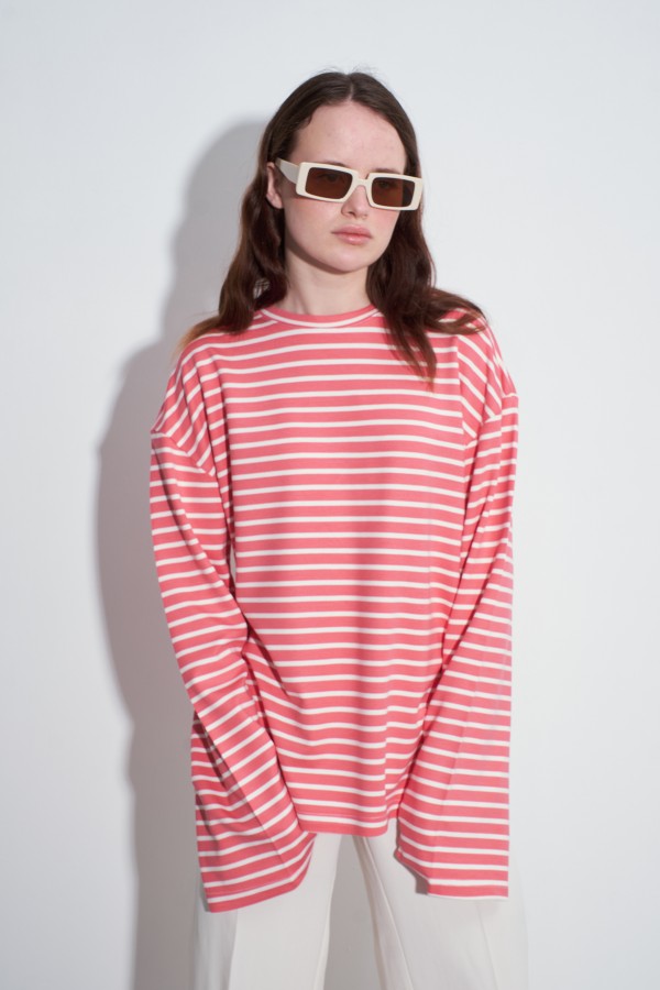 Çizgili Çizgili Basic Bluz Pembe