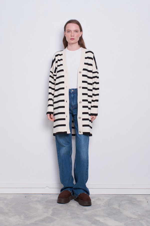 Oversize Çizgili Hırka Krem Siyah