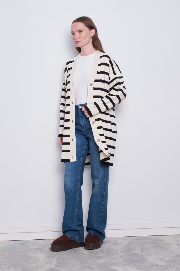 Oversize Çizgili Hırka Krem Siyah