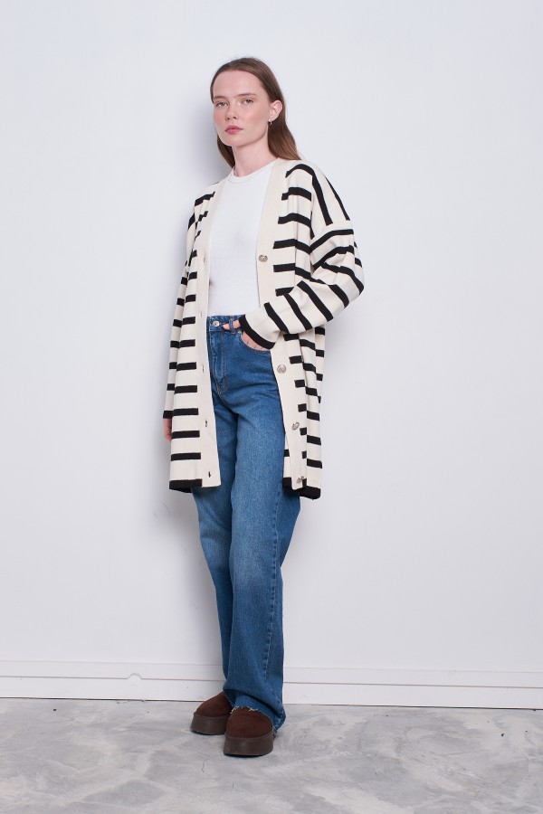 Oversize Çizgili Hırka Krem Siyah