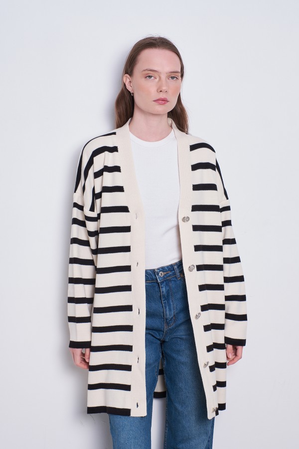 Oversize Çizgili Hırka Krem Siyah