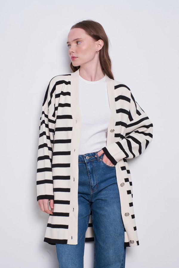 Oversize Çizgili Hırka Krem Siyah