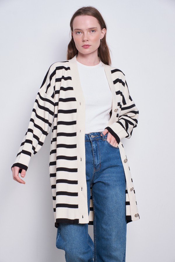 Oversize Çizgili Hırka Krem Siyah