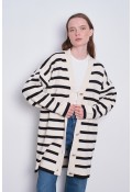 Oversize Çizgili Hırka Krem Siyah