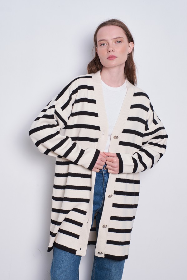 Oversize Çizgili Hırka Krem Siyah