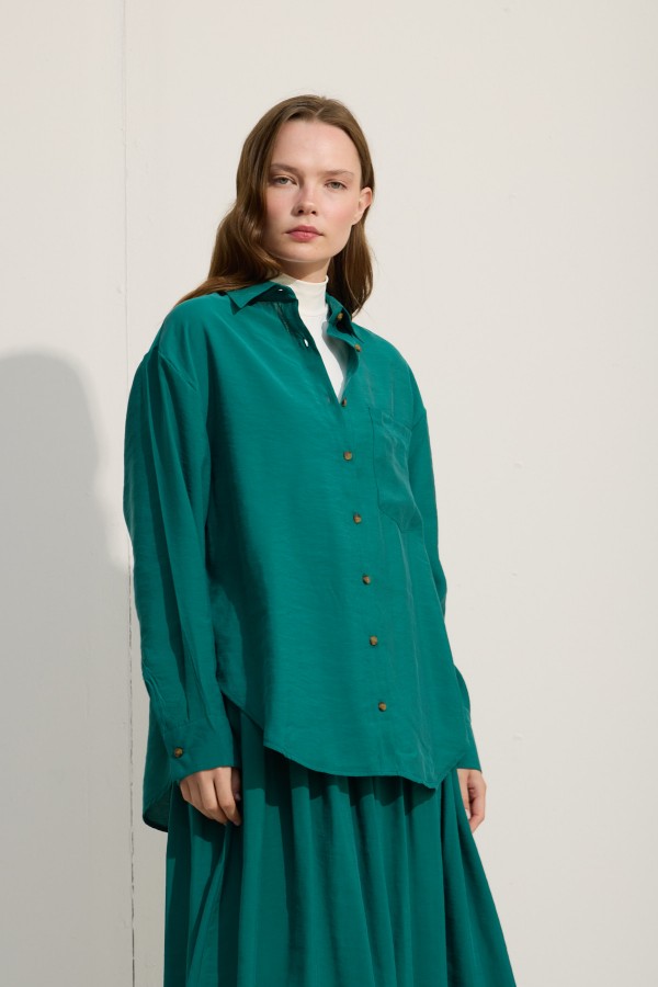 OVERSİZE CEPLİ GÖMLEK BENETTON YEŞİİLİ