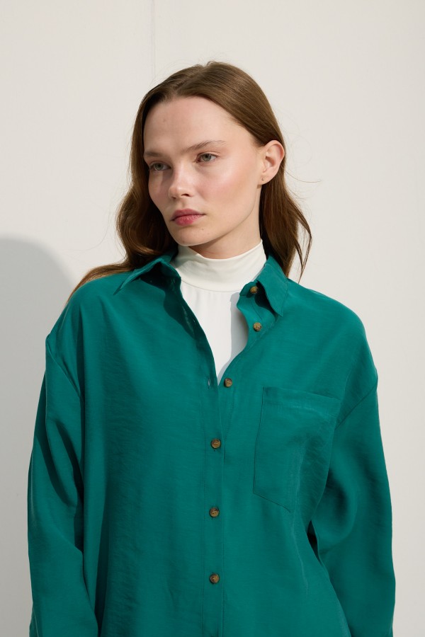 OVERSİZE CEPLİ GÖMLEK BENETTON YEŞİİLİ