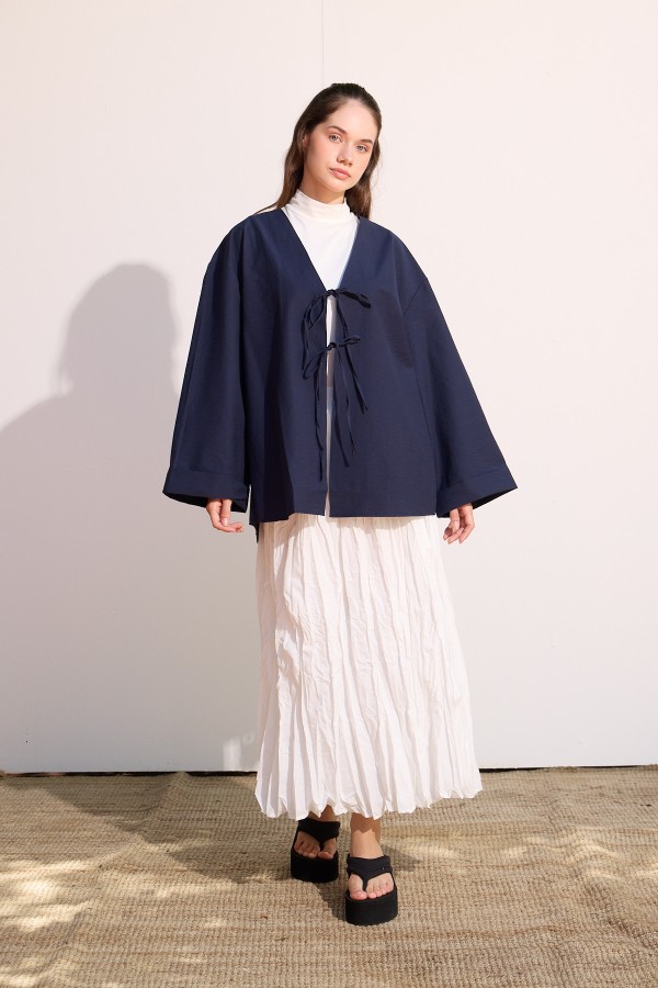 Bağcıklı Uzun Kimono Lacivert