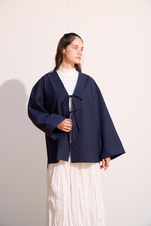 Bağcıklı Uzun Kimono Lacivert