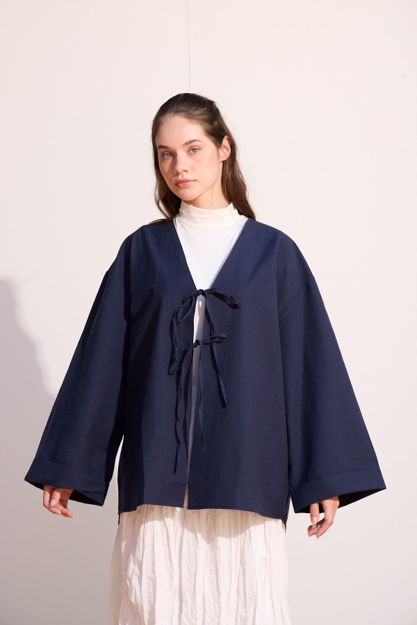 Bağcıklı Uzun Kimono Lacivert