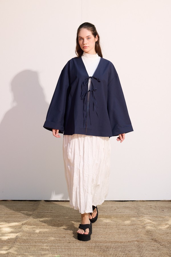 Bağcıklı Uzun Kimono Lacivert