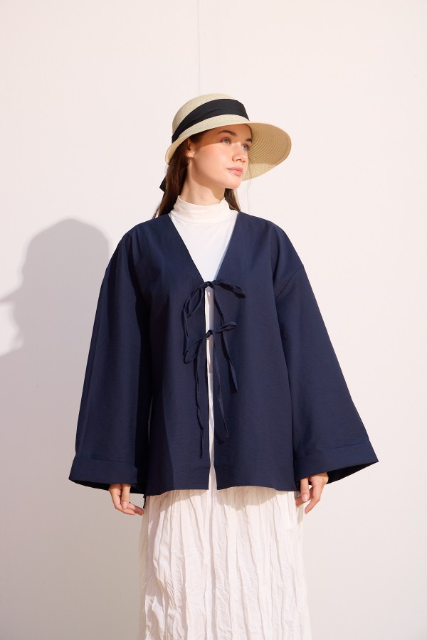 Bağcıklı Uzun Kimono Lacivert