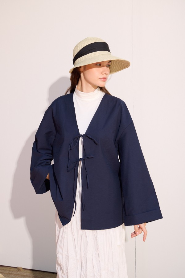 Bağcıklı Uzun Kimono Lacivert