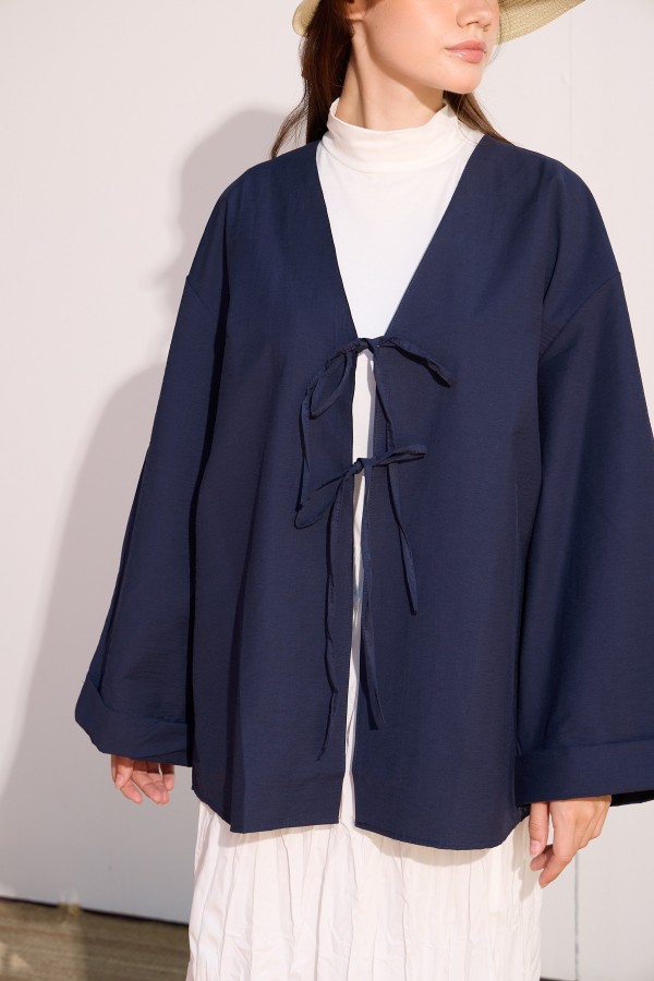 Bağcıklı Uzun Kimono Lacivert