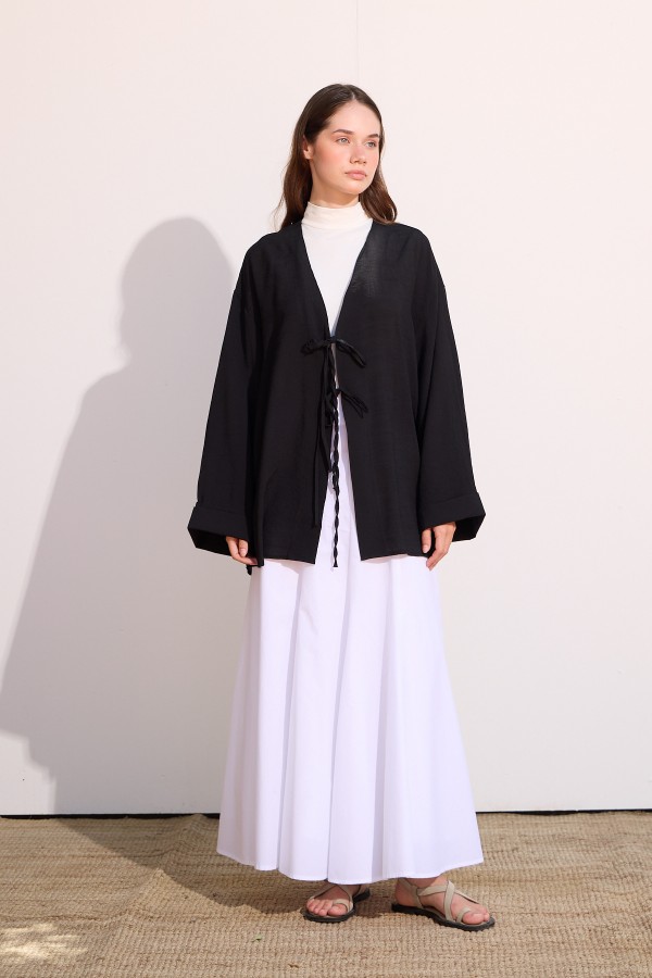Bağcıklı Uzun Kimono Siyah