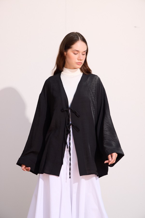 Bağcıklı Uzun Kimono Siyah