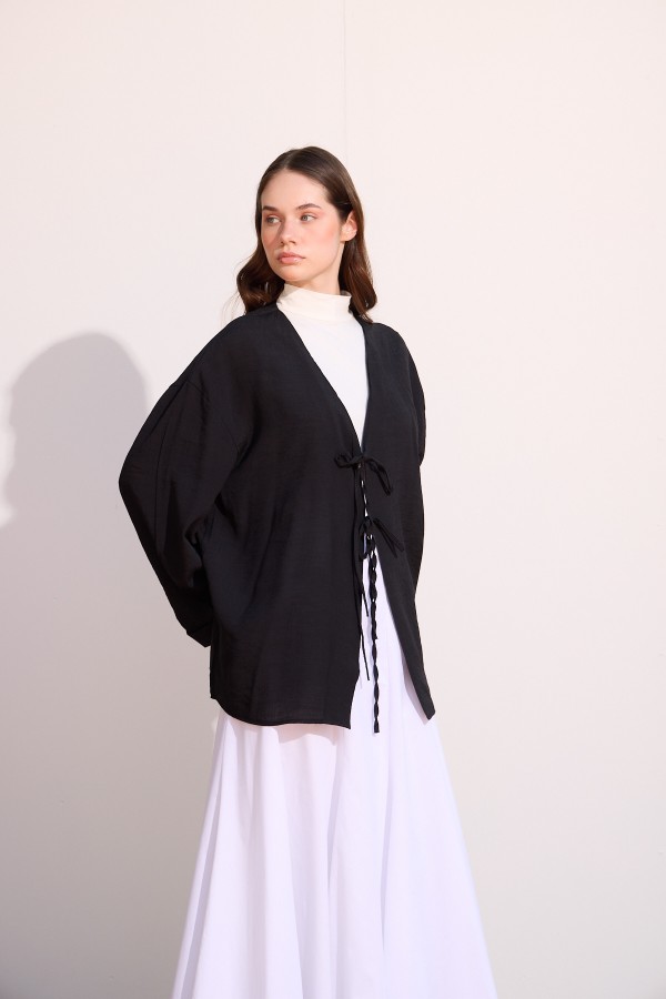 Bağcıklı Uzun Kimono Siyah