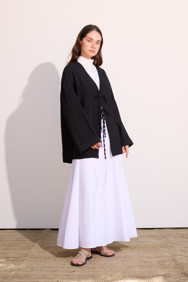 Bağcıklı Uzun Kimono Siyah