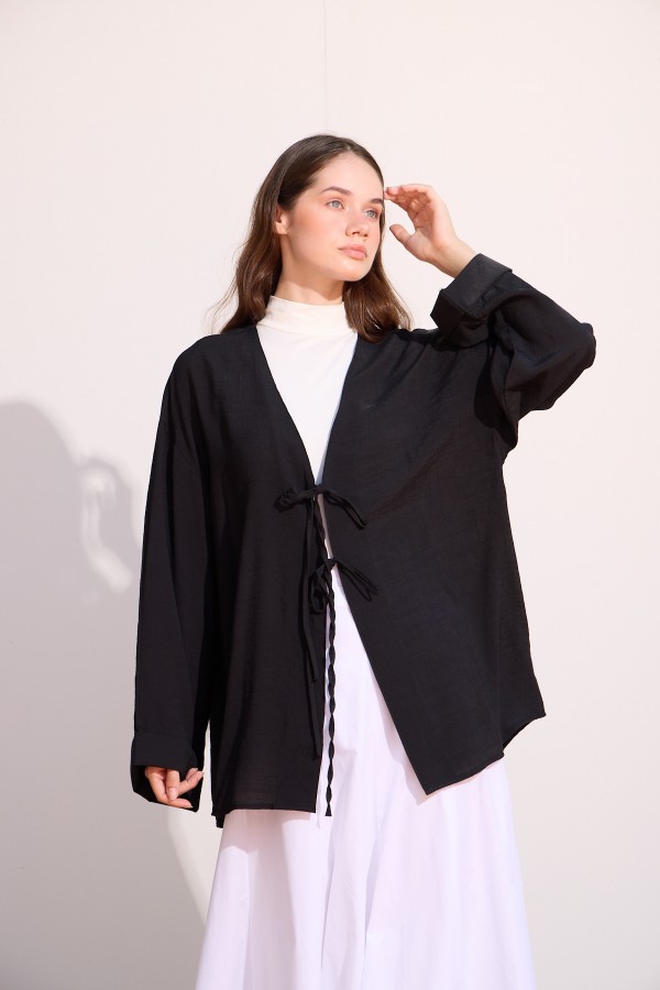 Bağcıklı Uzun Kimono Siyah