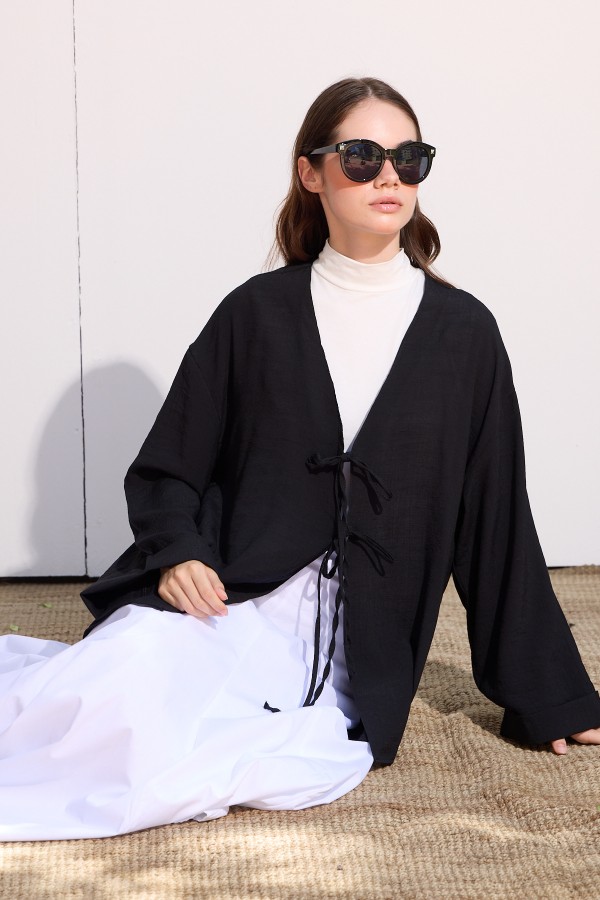 Bağcıklı Uzun Kimono Siyah