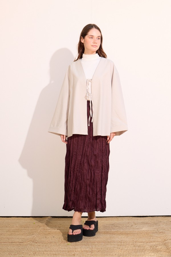 Bağcıklı Kimono Uzun Gri