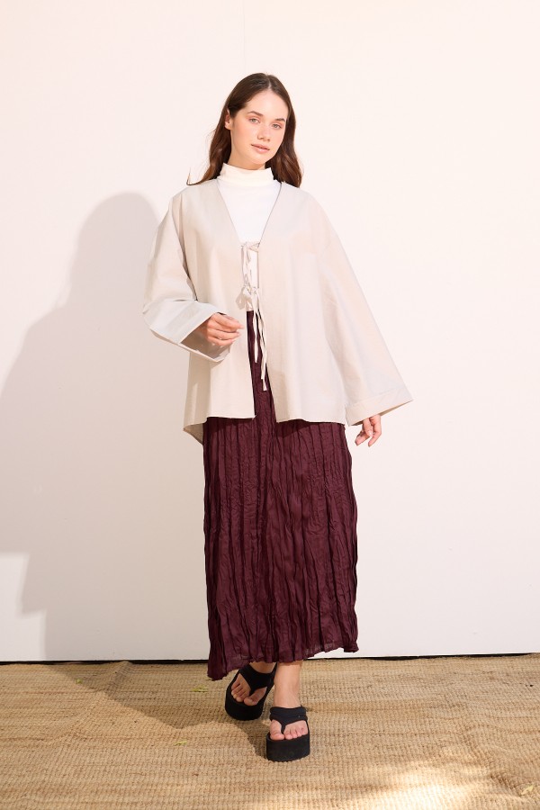 Bağcıklı Kimono Uzun Gri