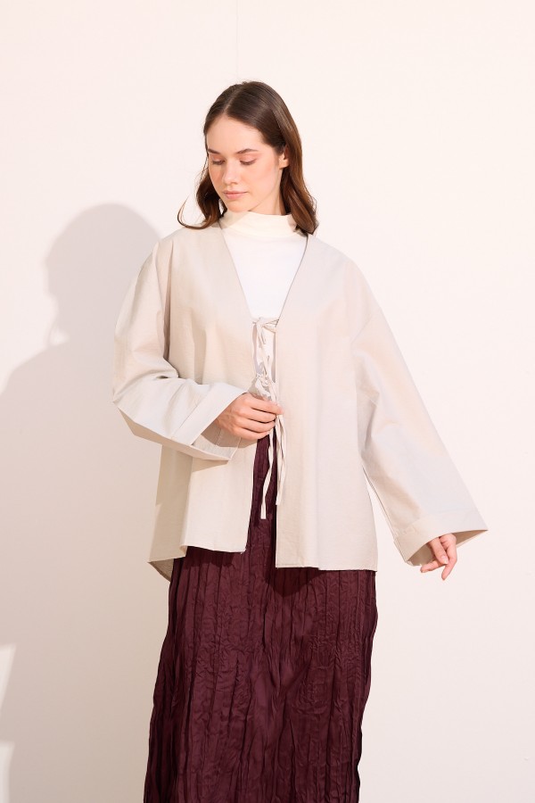 Bağcıklı Kimono Uzun Gri