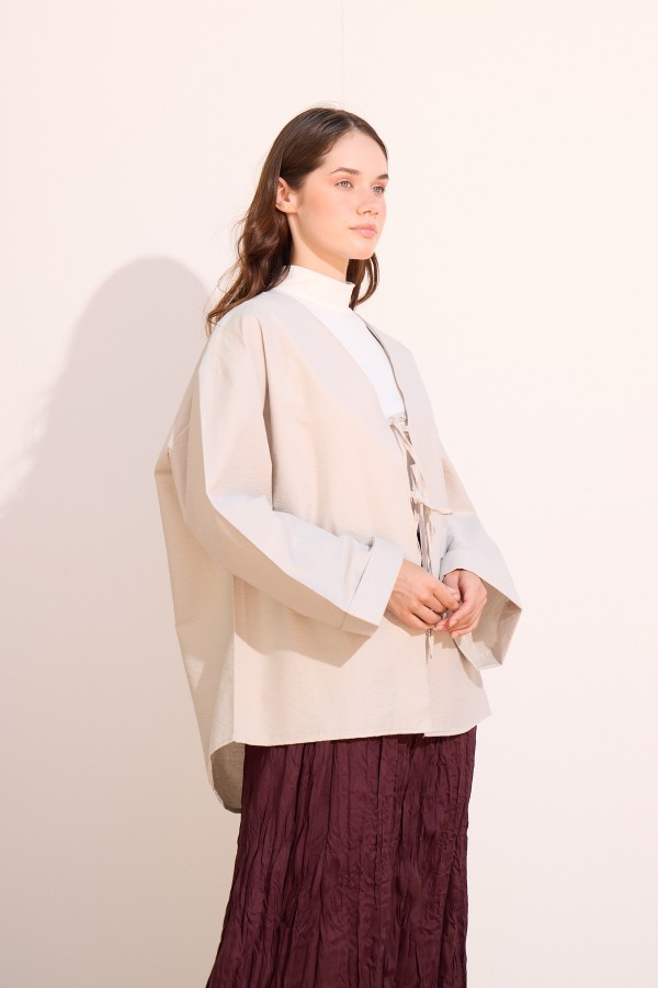 Bağcıklı Kimono Uzun Gri