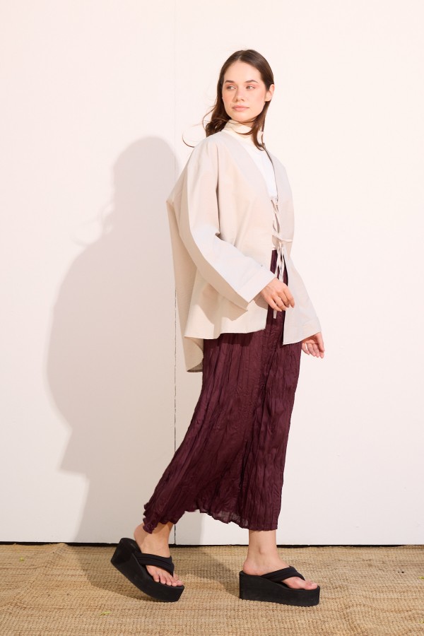 Bağcıklı Kimono Uzun Gri