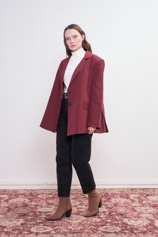 Oversize Natural Blazer Ceket Vişne