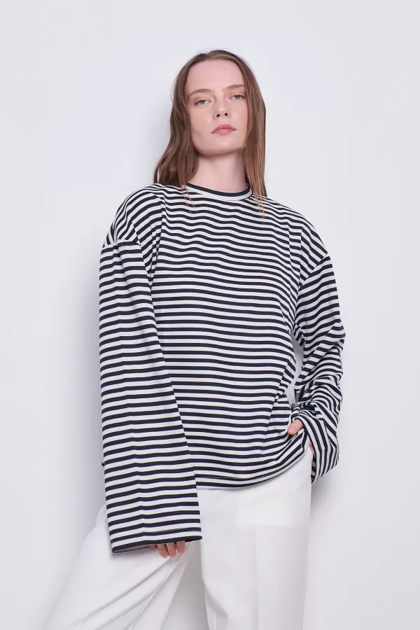 Çizgili Basic Bluz Siyah