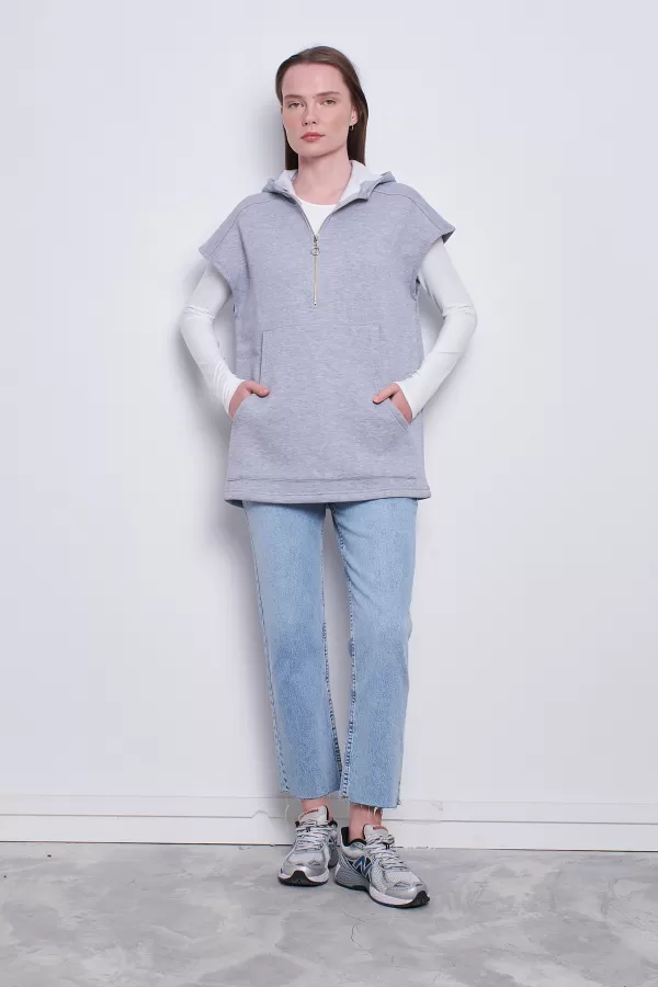Fermuarlı Pop Sweatshirt Gri