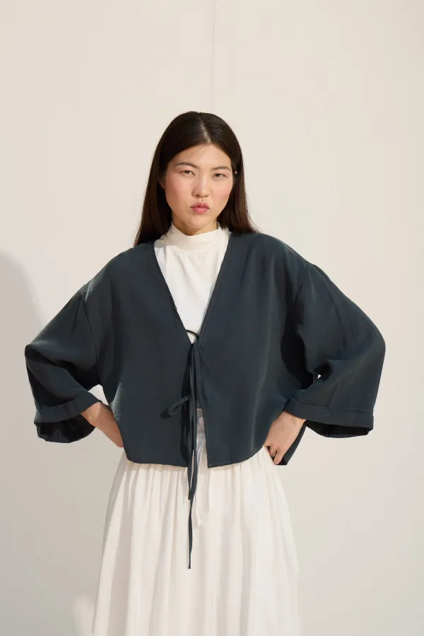 Bağcıklı Kimono Petrol yeşili